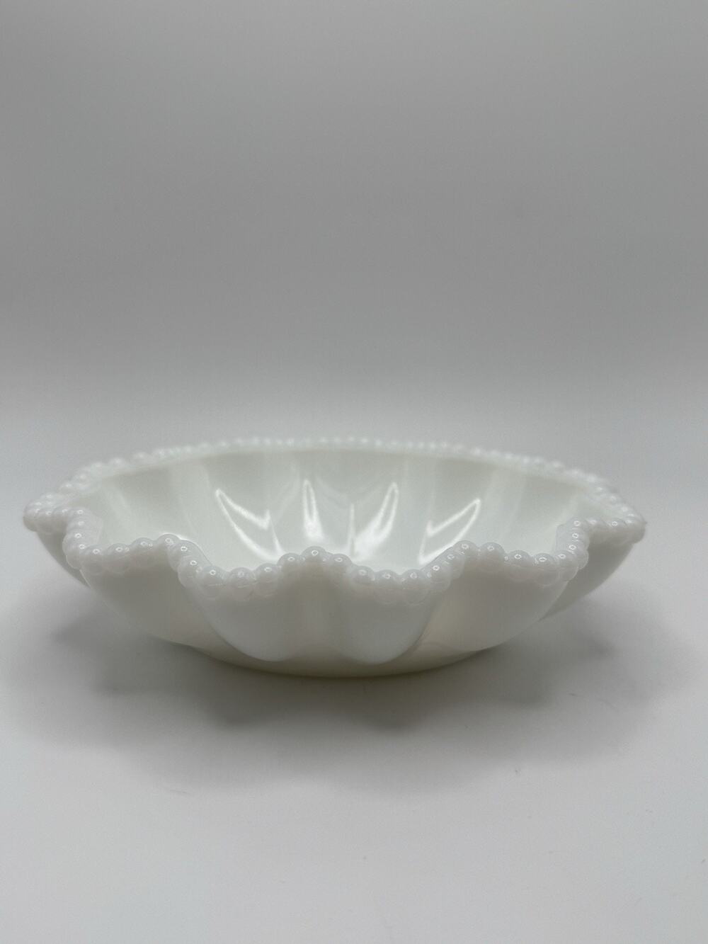 Vintage Westmoreland Milk Glass Doric Lace Oval Bowl Bead Ruffle Trinket Dish